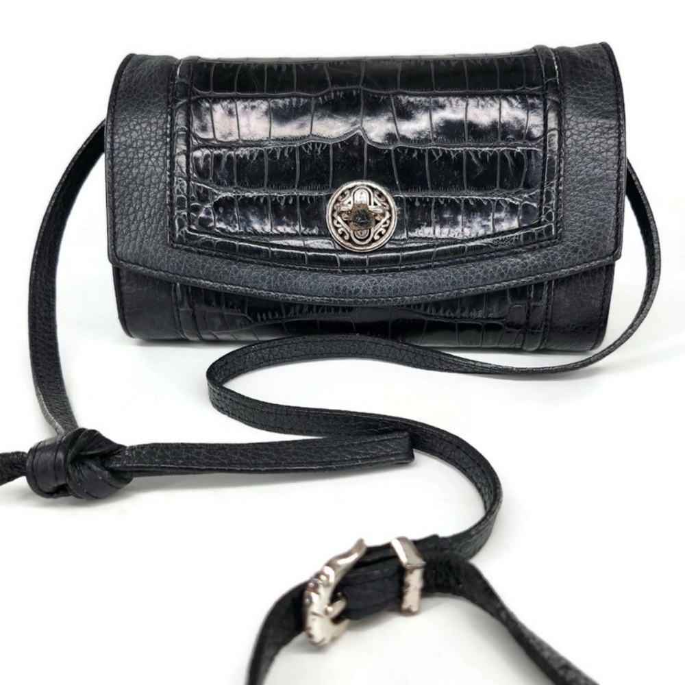 Brighton Black Leather Croc Embossed Tri-Fold Flap Turn-Lock Wallet Crossbody